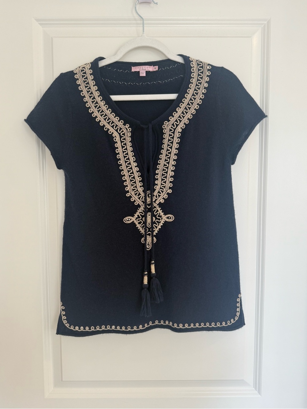 Calypso St. Barth Short-Sleeve Embroidered Cashmere Sweater